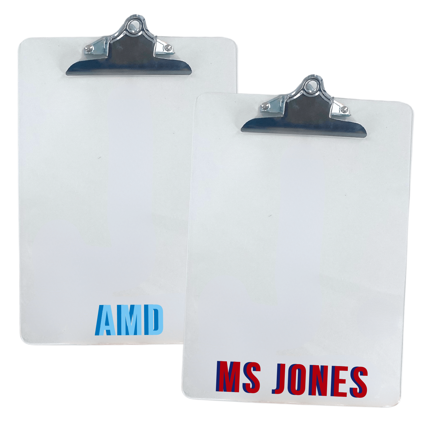Set of two personalized acrylic clipboards, each featuring a unique monogram or name. One clipboard showcases 'AMD' in bold blue lettering, while the other displays 'MS JONES' in striking red and blue. The clear acrylic design adds a sleek, modern touch, making these custom clipboards perfect for teachers, professionals, or office organization.